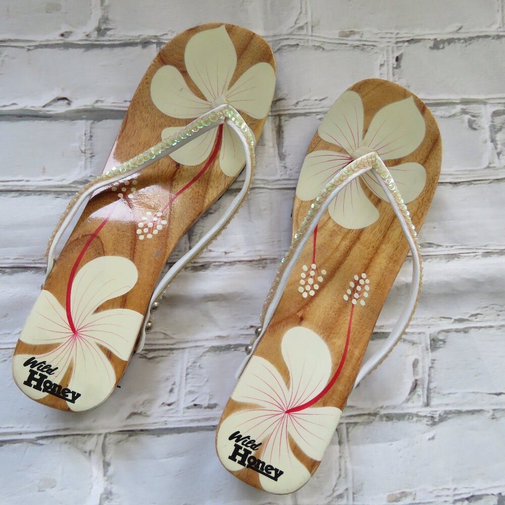 Wild Honey Wooden Thong Flip Flop Sandals, Size 11